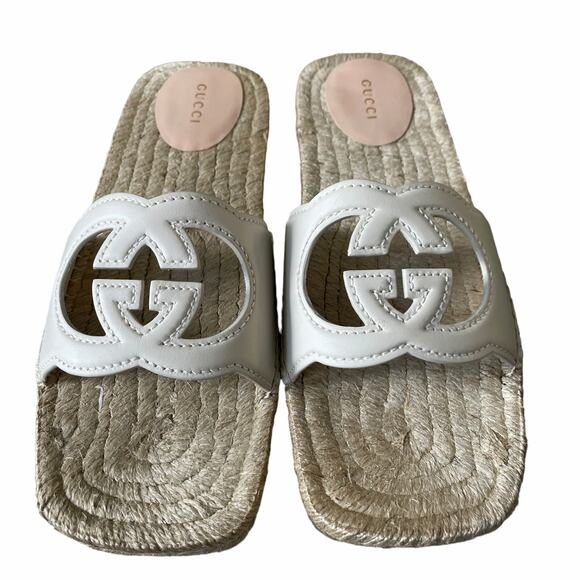 GUCCI Interlocking G Leather Cut Out Espadrille Sandals White Size 39.5 NEW - Picture 13 of 15